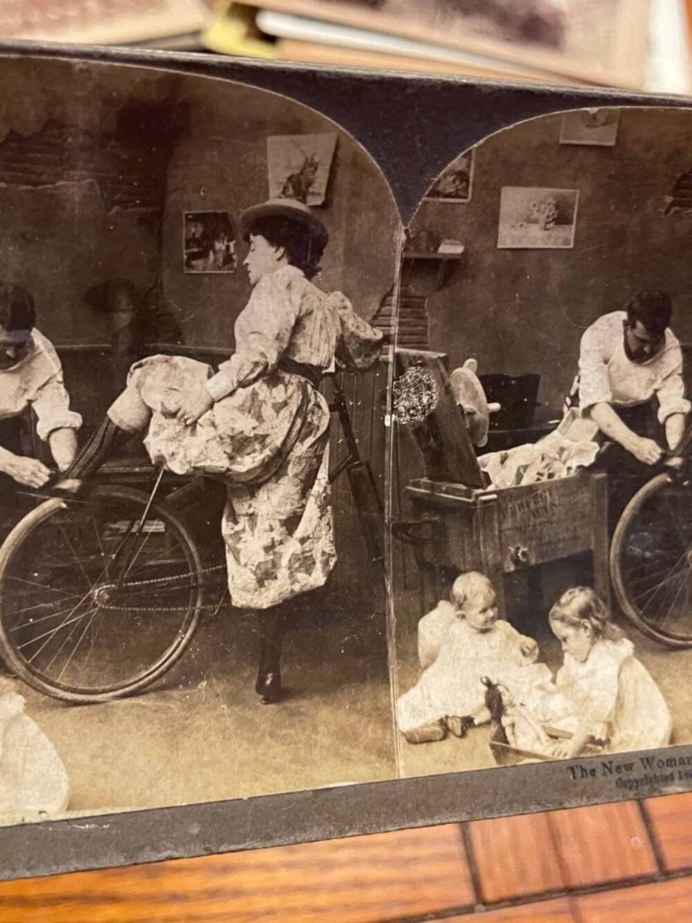 Antique 1906 Stereoview Card "The New Woman And The Old Man" Humor Scene Sepia